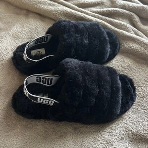 ❤️UGG Black Fluff Yeah Slides with Elastic Logo Strap